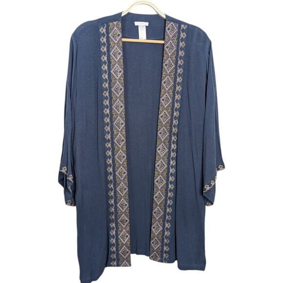 J. Jill Kimono One Size Open Front Gauze Cardigan Boho Geometric Embroidered Tri - Picture 2 of 12